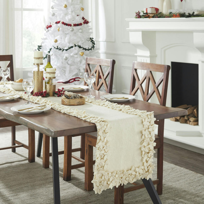 Hand Felted Wool Floral Border Table Runner Cream, 16" x 90"