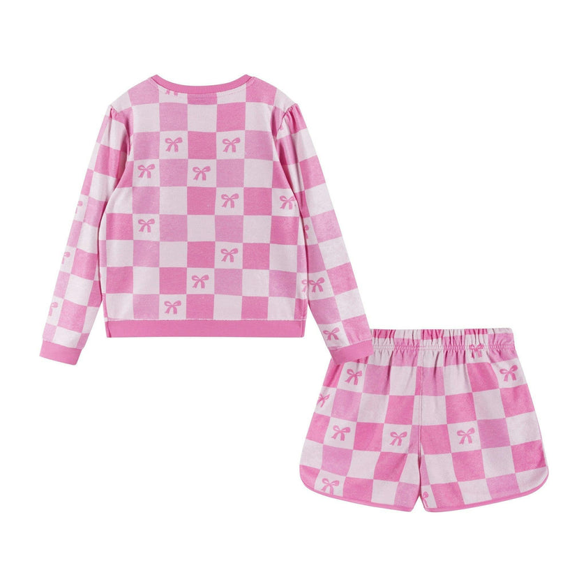 Tween Girls Terry Pull-Over & Short Set | Checkered Bow
