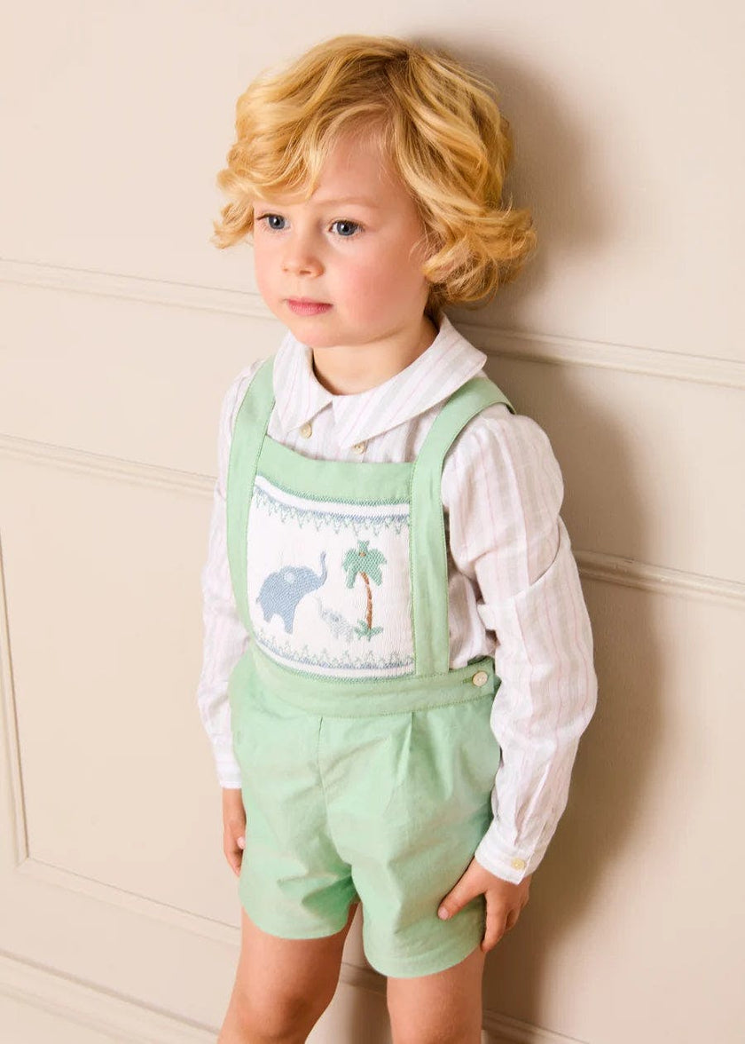 Elephant Embroidered Smocked Dungarees in Sage Green (18mths-4yrs)