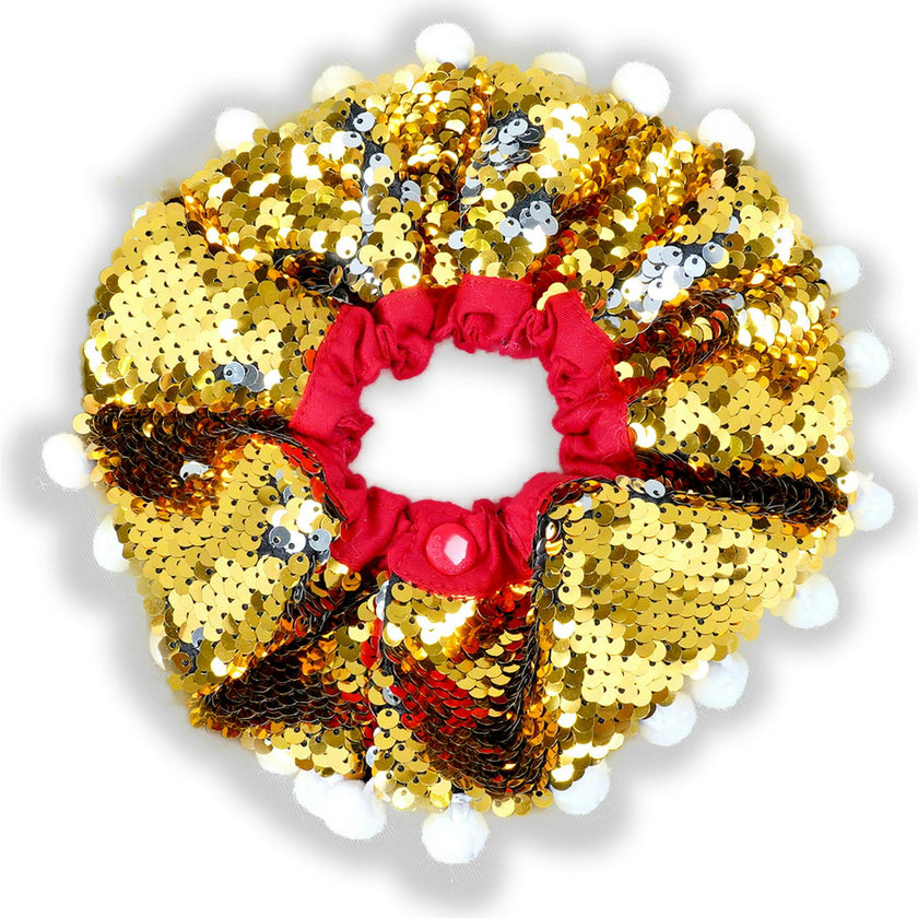 Golden & Silver Sequin Collar W/ White Pom Pom, Gold