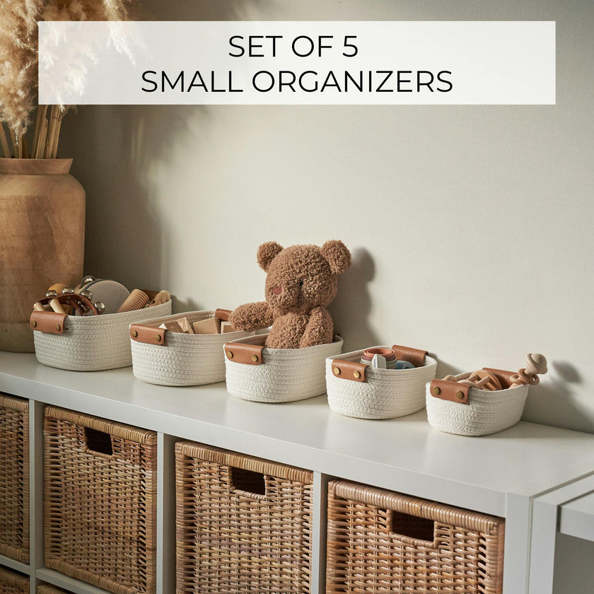 Beautiful Storage Basket Set of 5 - Modern Cotton Rope Baskets for Organizing Shelves - Perfect Bins for Nursery, Changing Table, Office and Living Room