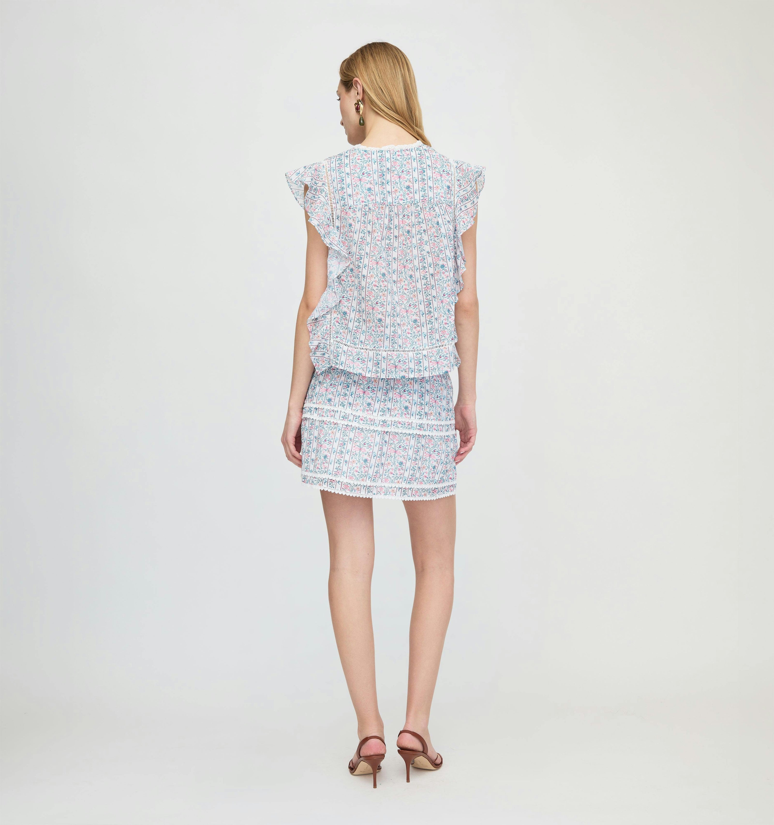 The Meena Skirt - White Etched Floral Stripe