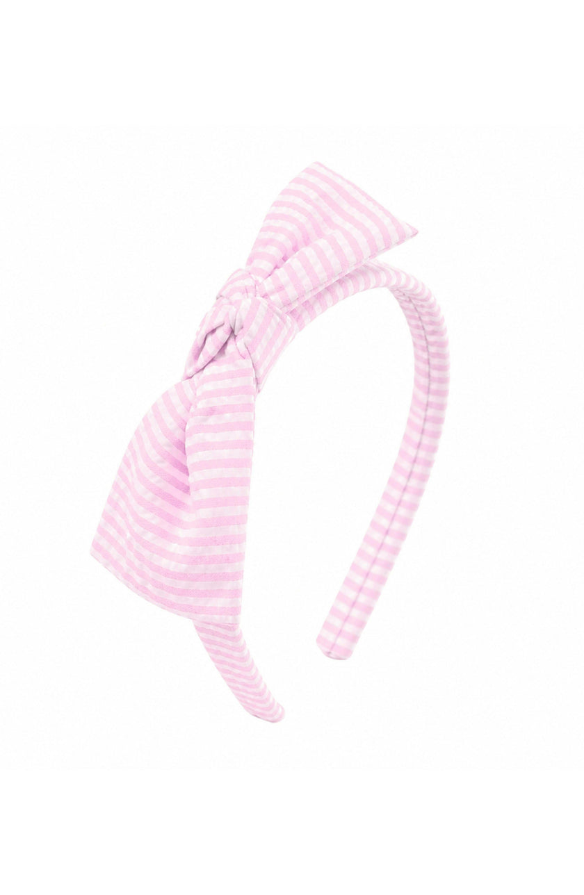 Seersucker Bow Headband in Pink/White