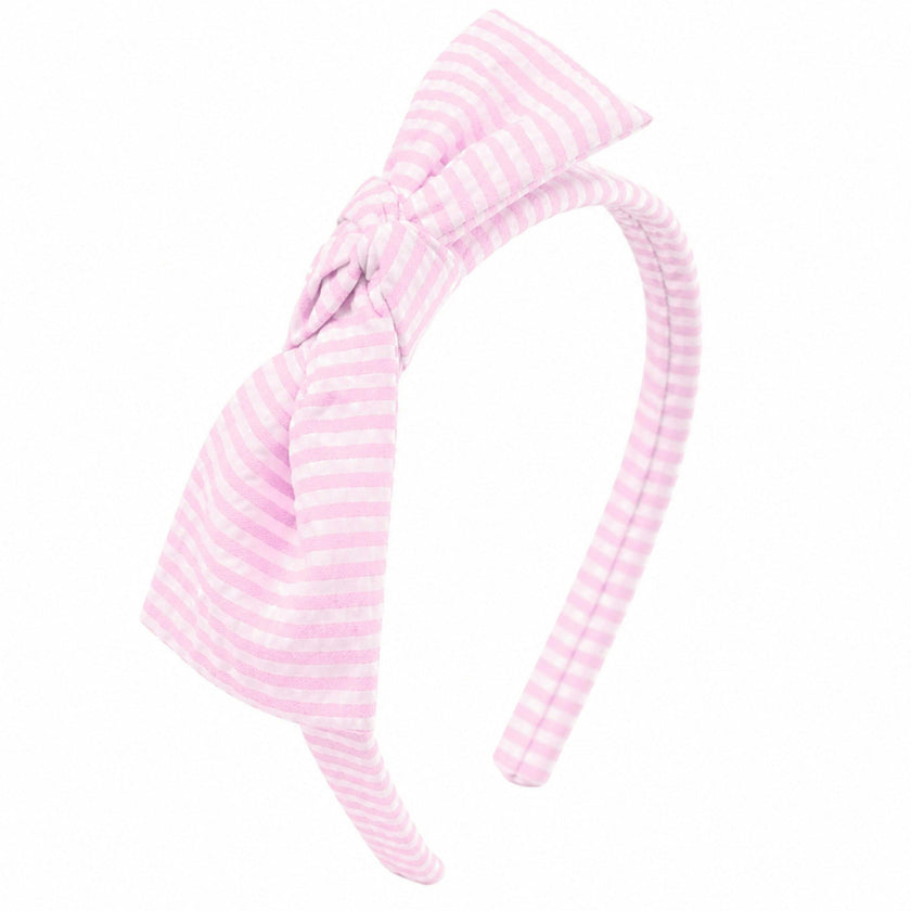 Seersucker Bow Headband in Pink/White