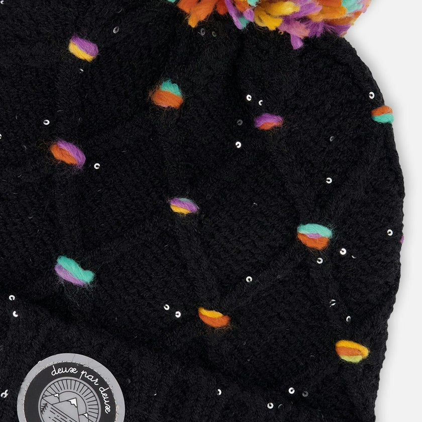 Lined Knit Pompom Hat with Little Sequins