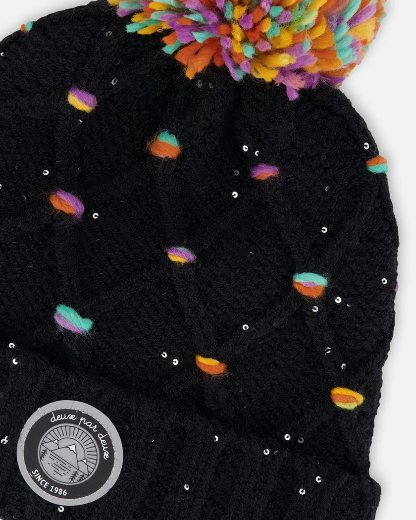 Lined Knit Pompom Hat with Little Sequins