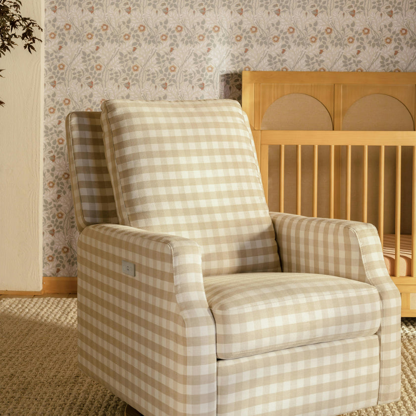 Crewe Electronic Recliner and Swivel Glider in Tan Gingham with Light Wood Base