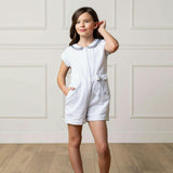 Linen Peter Pan Collar Button Front Romper, White