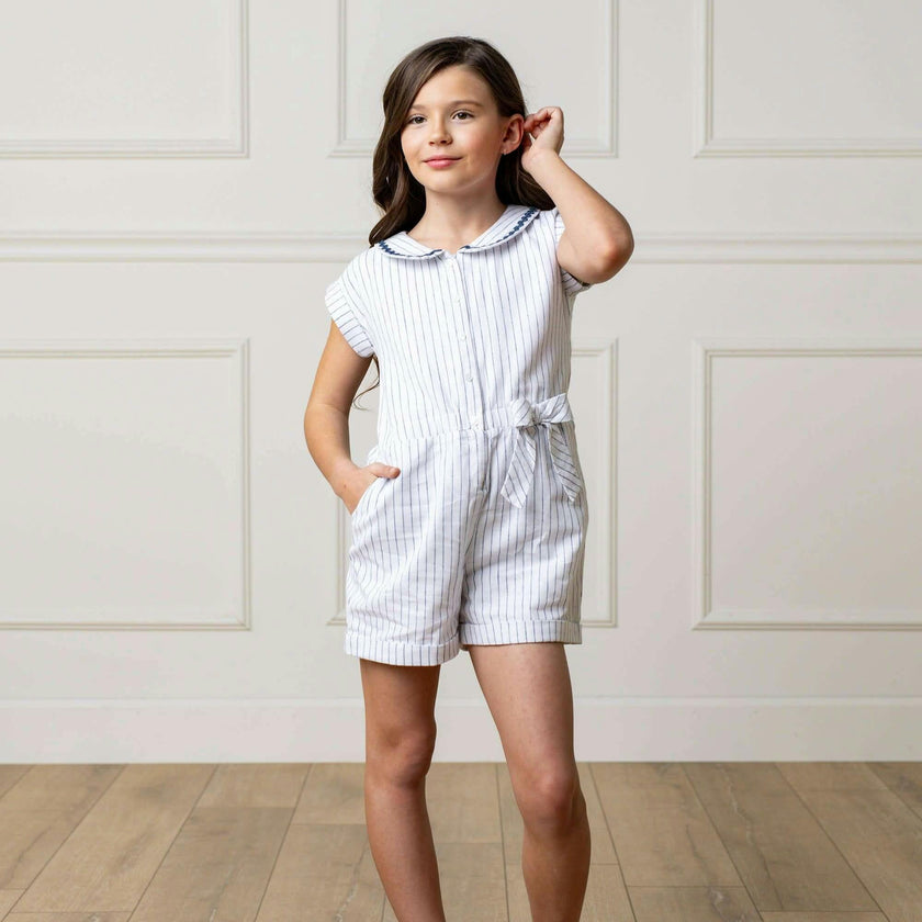 Linen Peter Pan Collar Button Front Romper, White
