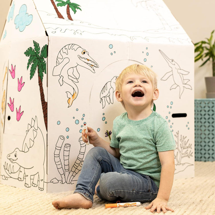Cardboard Coloring Playhouse House - Kids Art & Craft for Indoor & Outdoor Fun