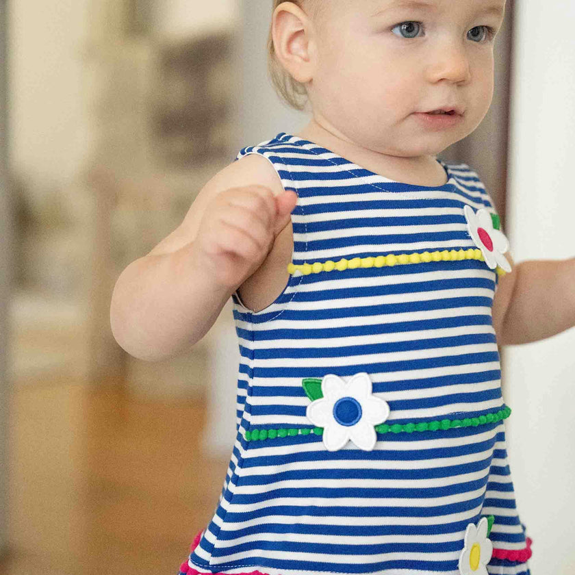 Stripe Knit Romper With Pom Poms & Flowers