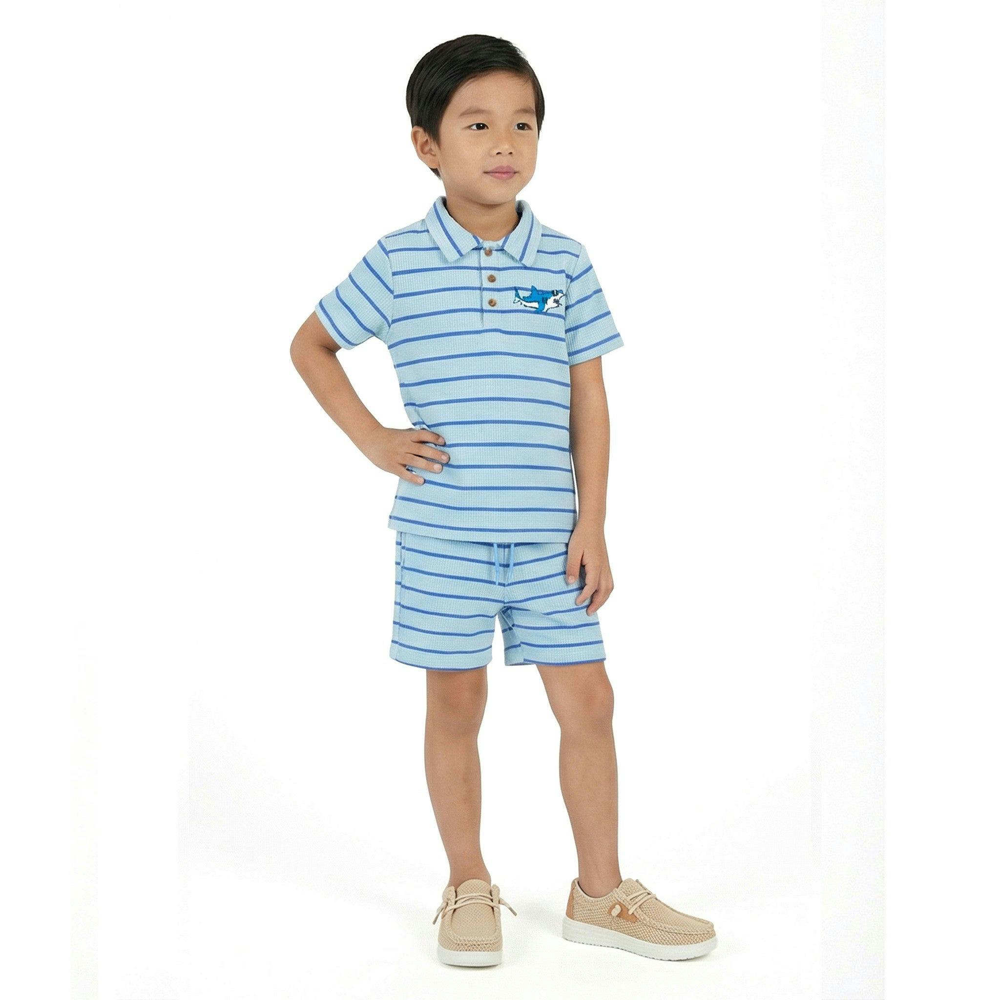 Boys Striped Waffle Polo Set | Blue Shark