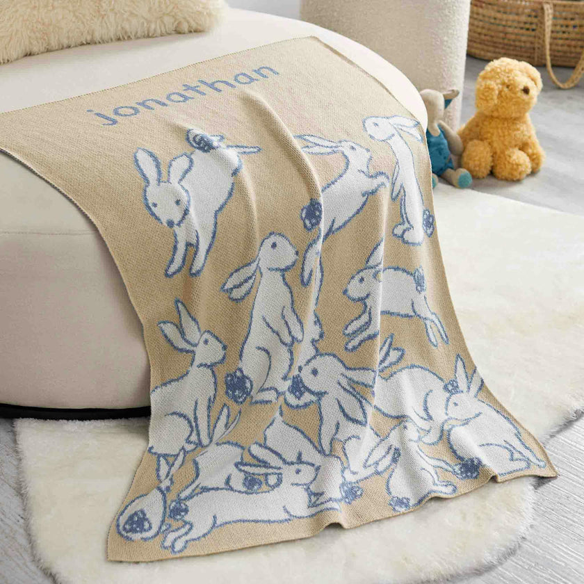 Custom Personalized Baby Sustainable Knit Throw Blanket - Rabbits
