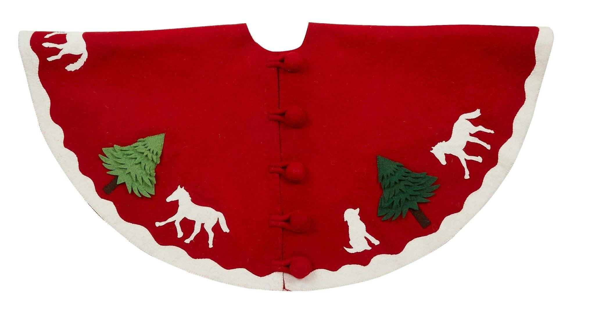 Handmade Dogs and Horses Red Christmas Tree Skirt Hand Felted Wool 60