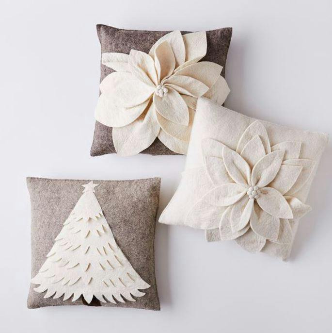 Hand Felted Wool Pillow - 3D Flower Cream Gray - 20"