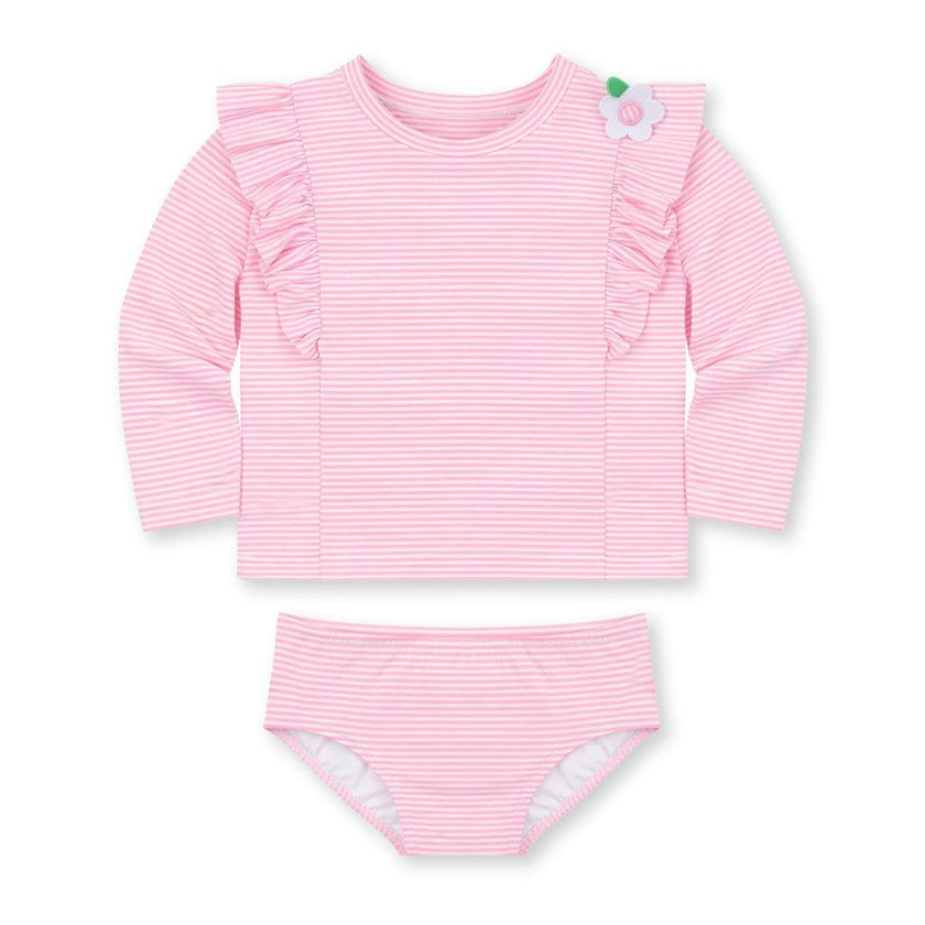 Stripe Seersucker Rashguard Swimsuit With Flower