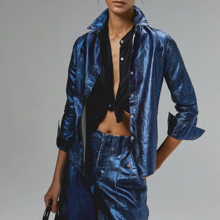 San Marino Metallic Linen Shirt - Dark Blue