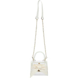 Packed Party Clear Mini Crossbody Bag - White Trim with Gold Chain Strap, Removable Satin Bow Scarf, Top Handle, 7x3.5x5 Inch