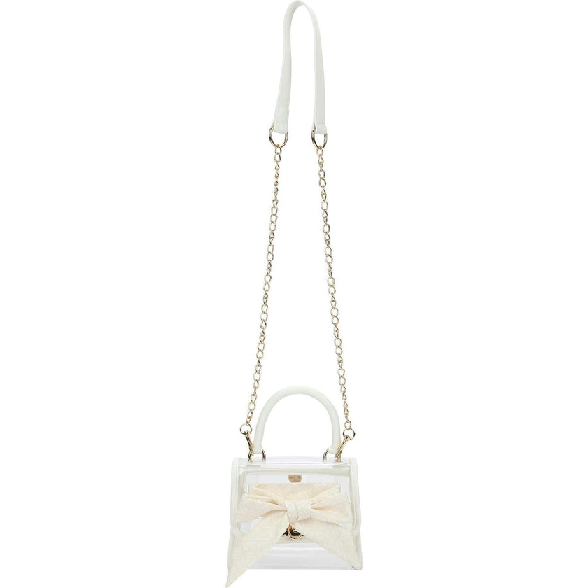 Packed Party Clear Mini Crossbody Bag - White Trim with Gold Chain Strap, Removable Satin Bow Scarf, Top Handle, 7x3.5x5 Inch