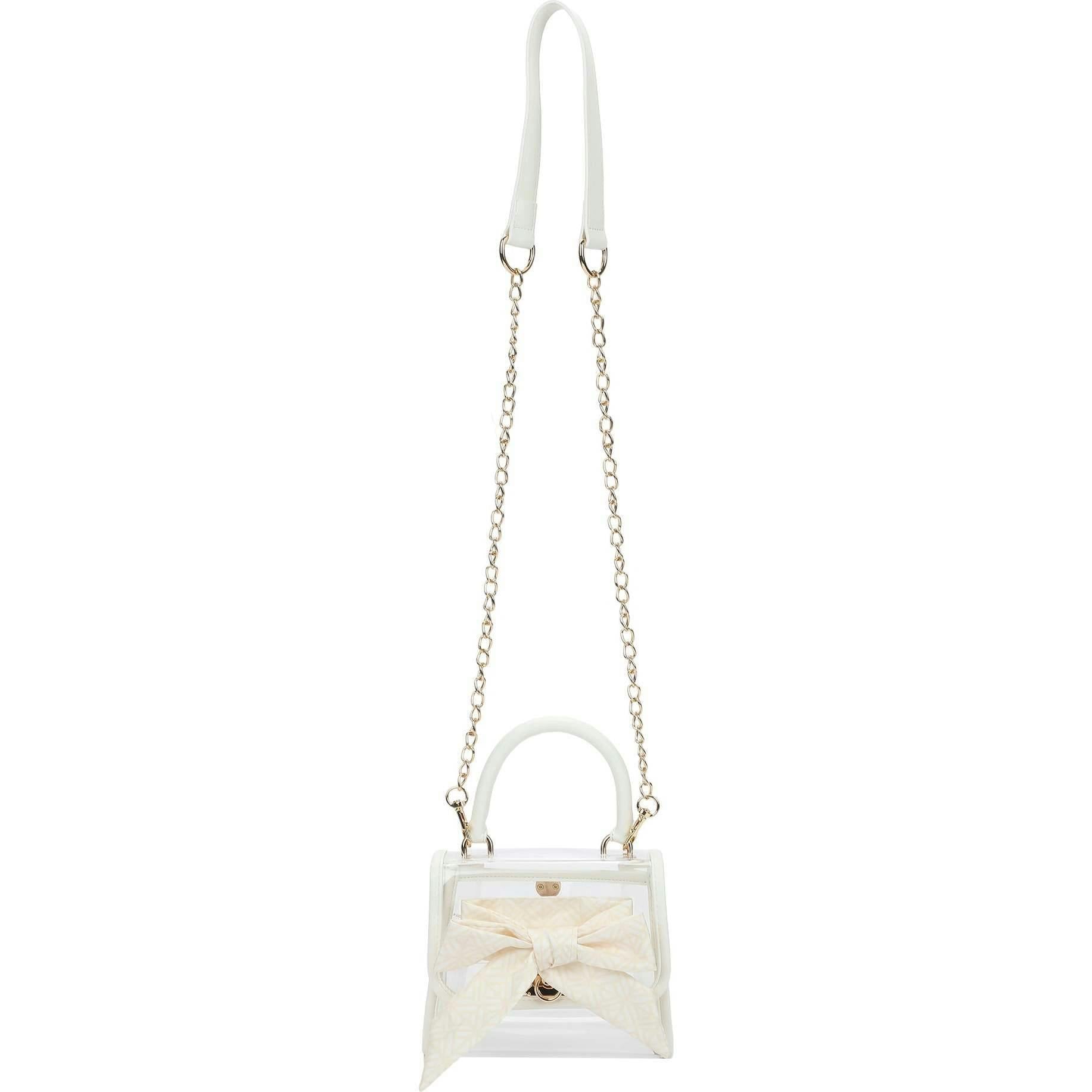 Packed Party Clear Mini Crossbody Bag - White Trim with Gold Chain Strap, Removable Satin Bow Scarf, Top Handle, 7x3.5x5 Inch