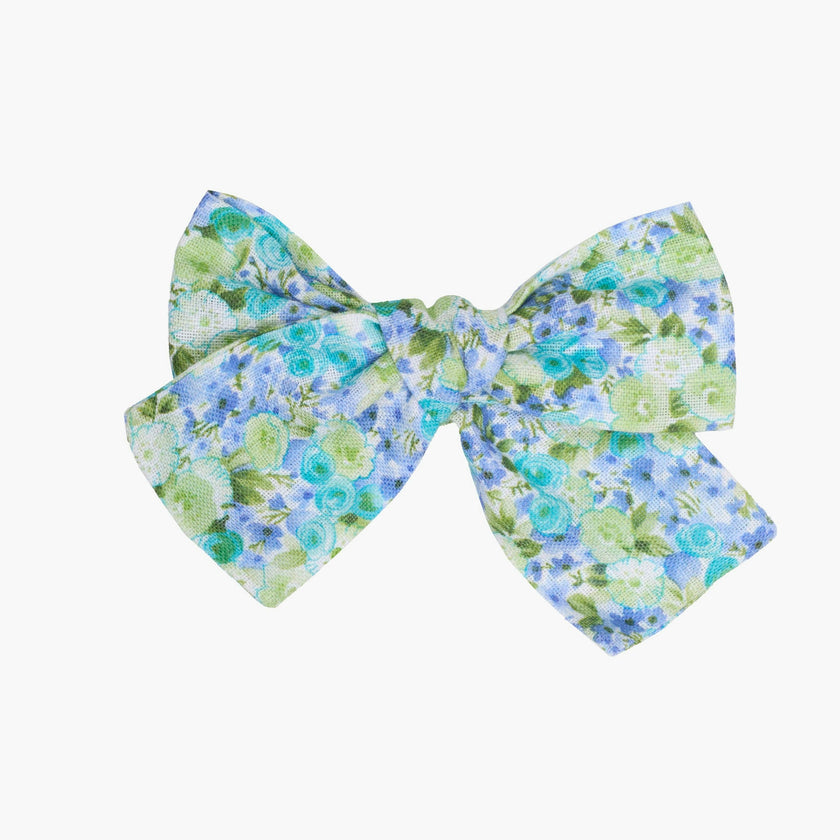 Linen Flower Blue and Green Bow Clip