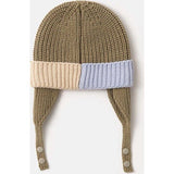 Chunky Ribbed Knit Chin Strap Snap Earflaps Elastic Fit Beanie