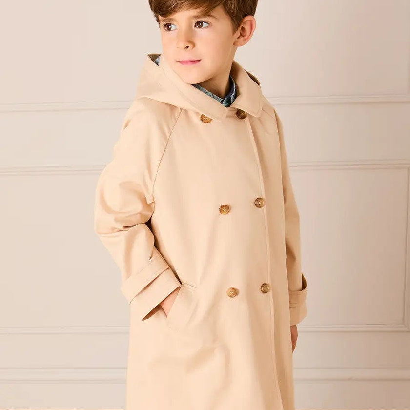 Double Breasted George Check Lined Rain Coat With Detachable Hood in Beige (2-10yrs)