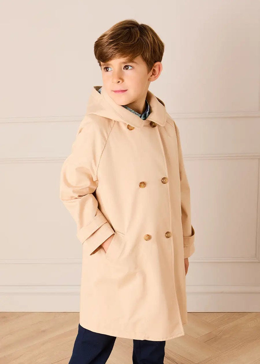 Double Breasted George Check Lined Rain Coat With Detachable Hood in Beige (2-10yrs)