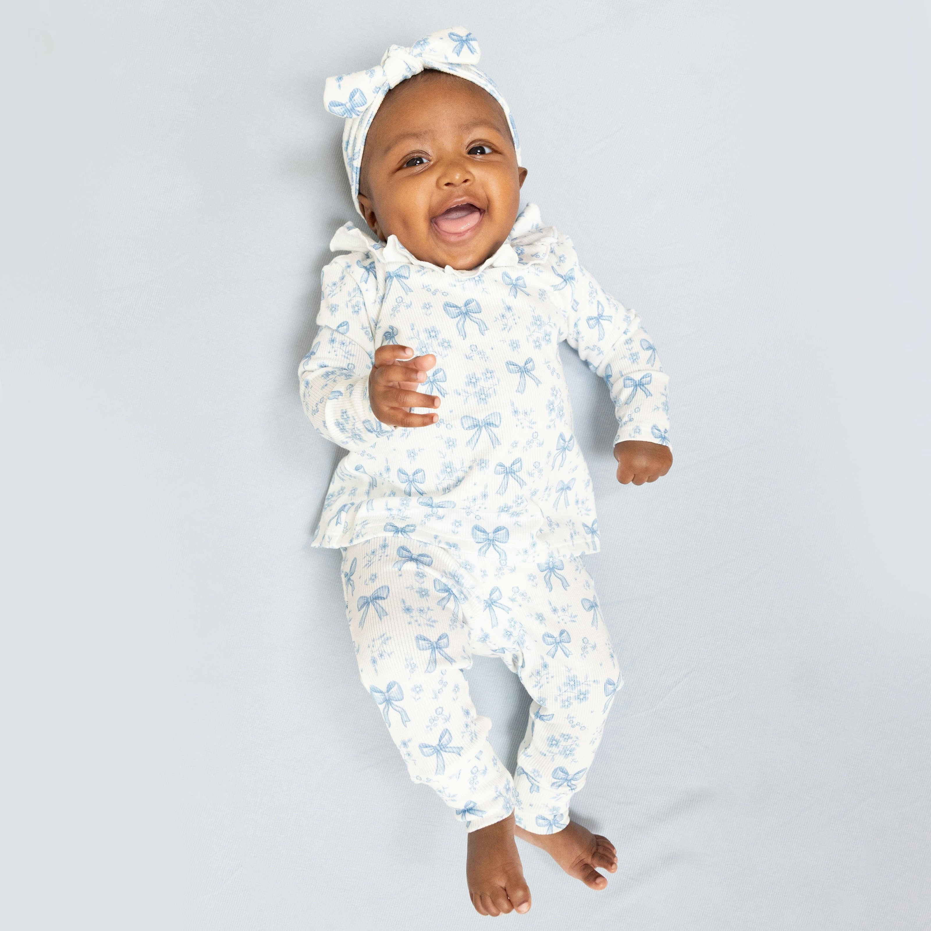 Blue Bows and Flowers - Long Sleeve Ruffle Top and Pant