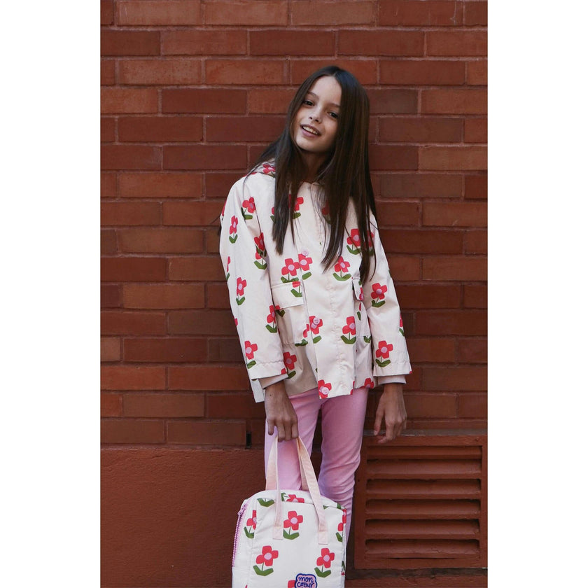 Flower Print Ribbed Cuff Hooded Zipper Raincoat, Pink