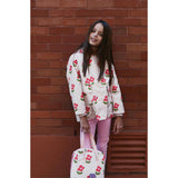 Flower Print Ribbed Cuff Hooded Zipper Raincoat, Pink