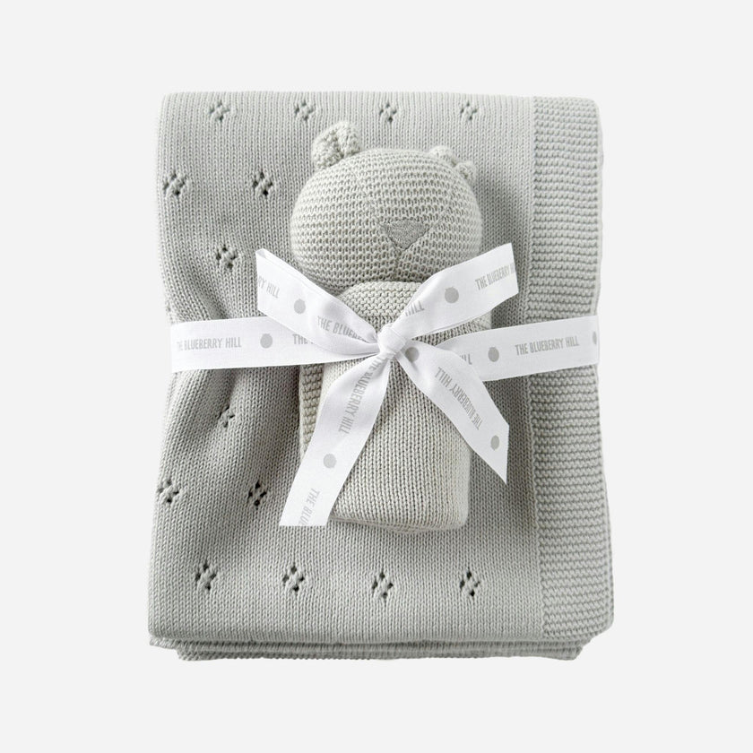 Pique Blanket and Bear Lovey Gift Set - Light Grey