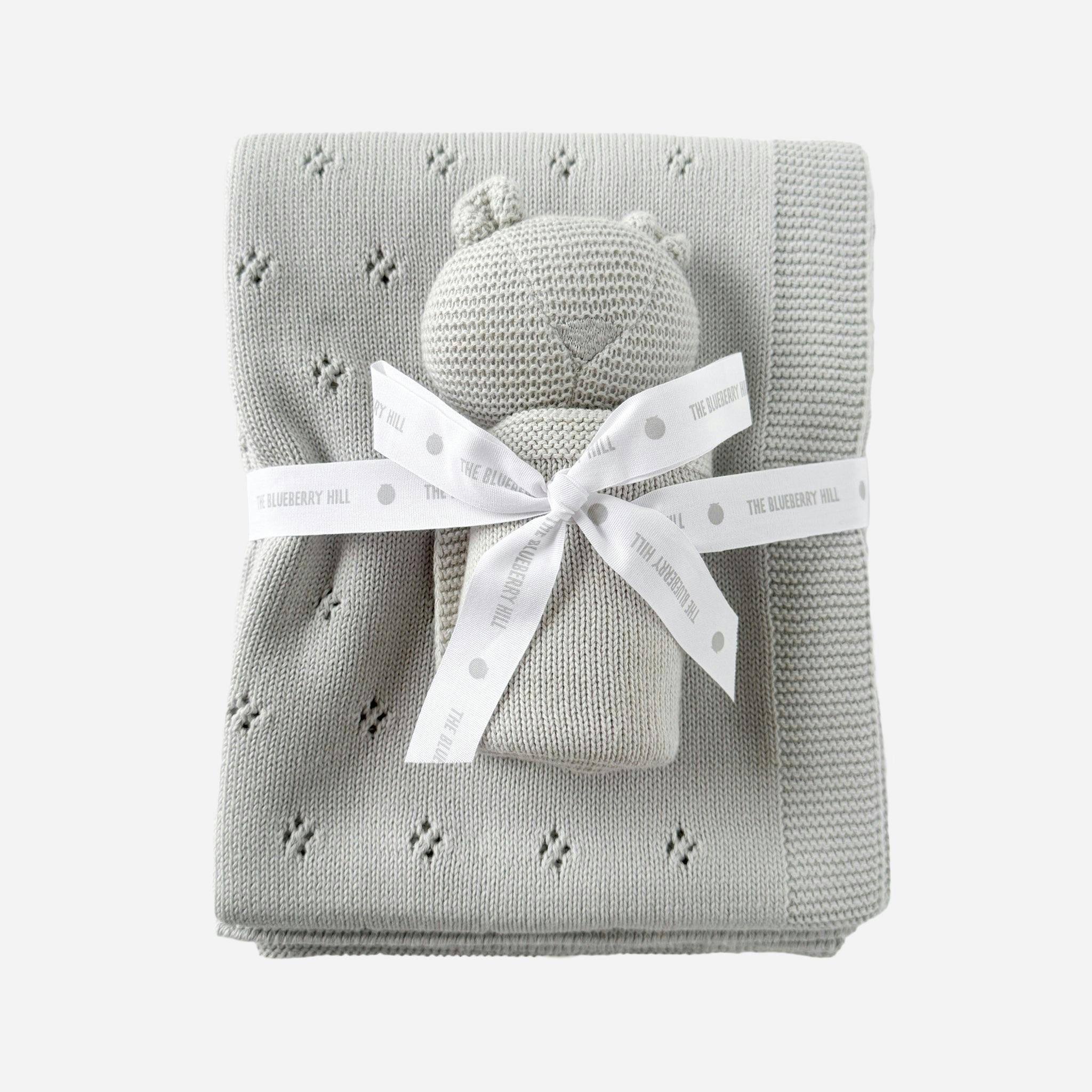 Pique Blanket and Bear Lovey Gift Set - Light Grey