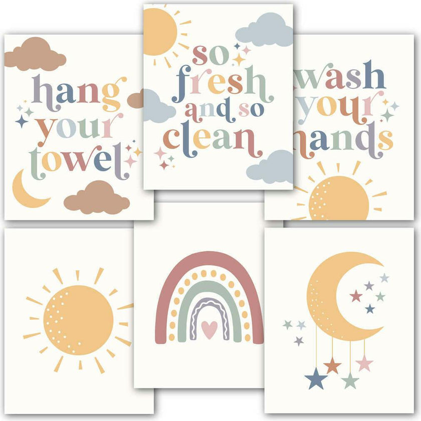 10-Piece Boho Rainbow Potty Training Charts & 6-Piece Bathroom Wall Art Decor Prints