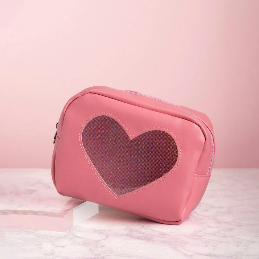 Pink Glitter Heart Cosmetic Bag