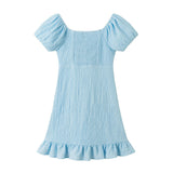 Tween Girls Textured Twist-Front Puff Sleeve Dress | Blue Twist
