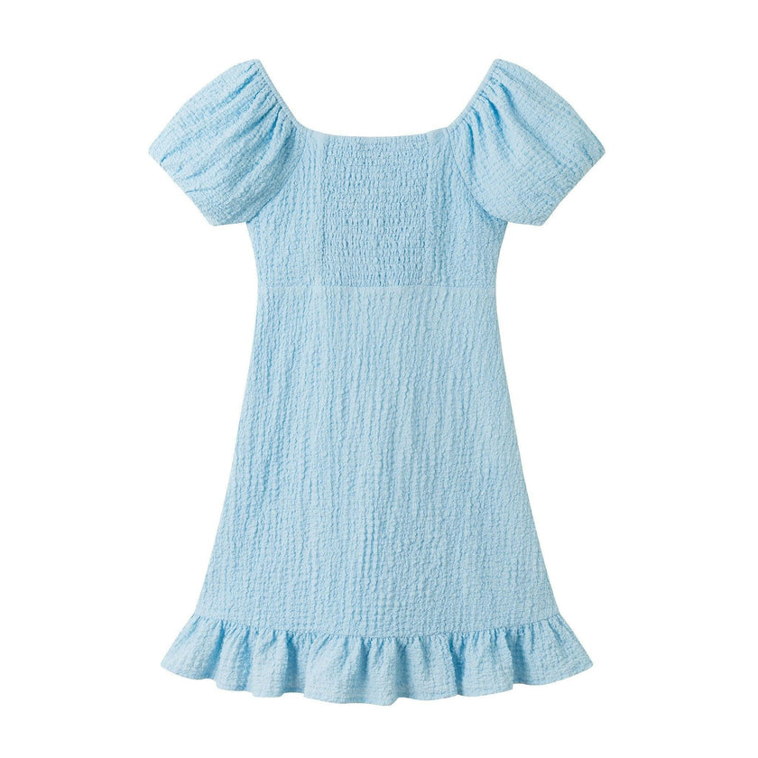 Tween Girls Textured Twist-Front Puff Sleeve Dress | Blue Twist