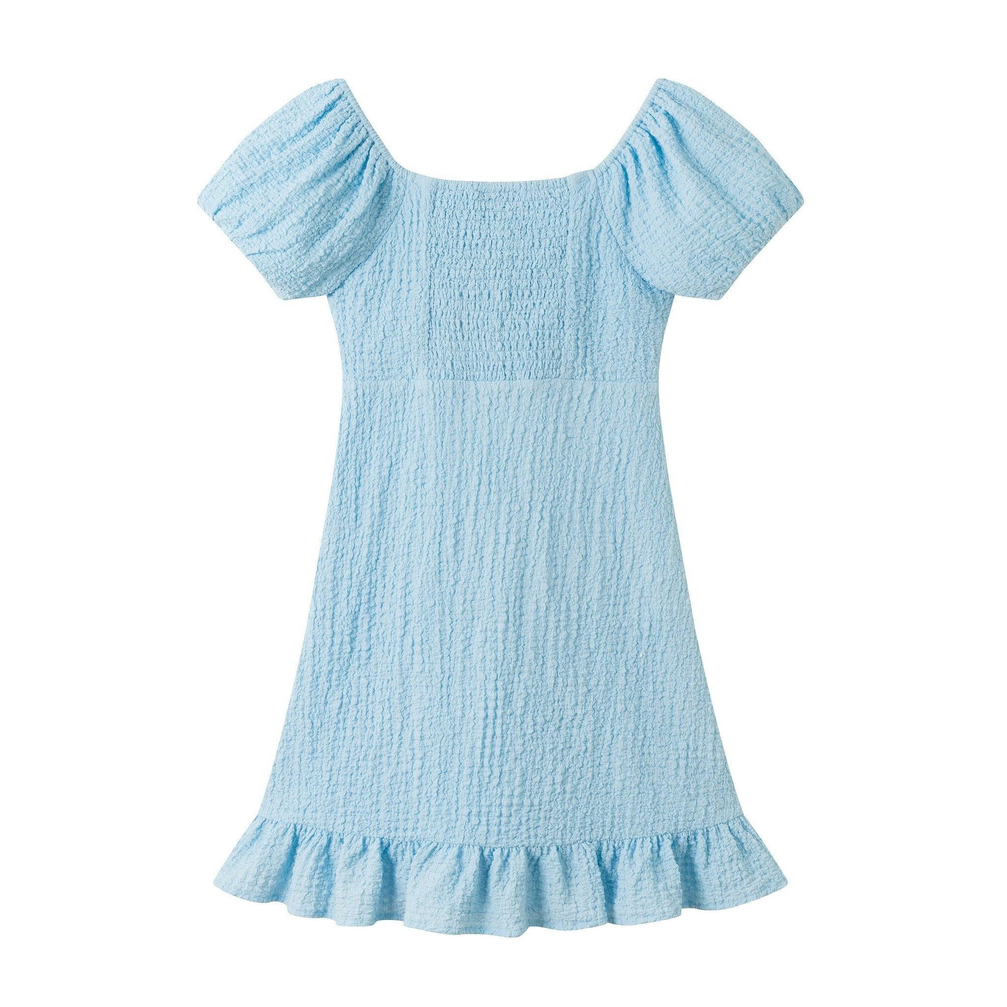 Tween Girls Textured Twist-Front Puff Sleeve Dress | Blue Twist