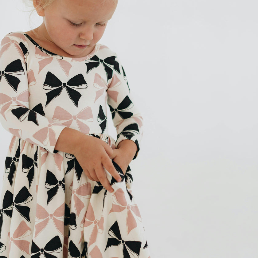 3/4 Sleeve Twirl Dress in Vintage Pink and Black Bows