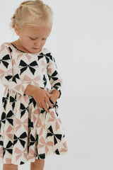 3/4 Sleeve Twirl Dress in Vintage Pink and Black Bows