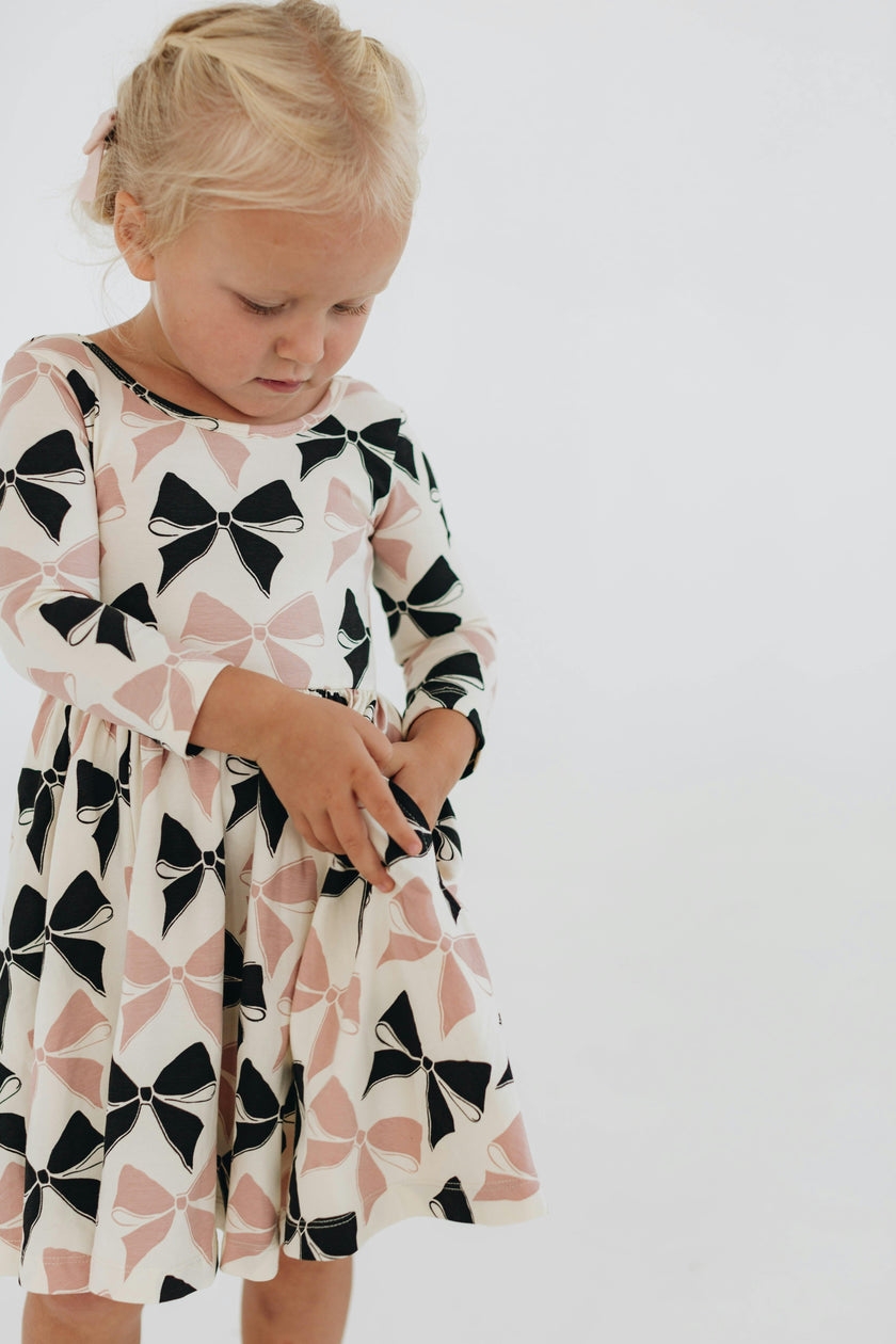 3/4 Sleeve Twirl Dress in Vintage Pink and Black Bows