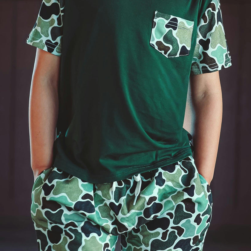Green Distressed Camo Lounge Pocket Tee & Shorts Set
