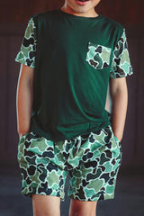 Green Distressed Camo Lounge Pocket Tee & Shorts Set