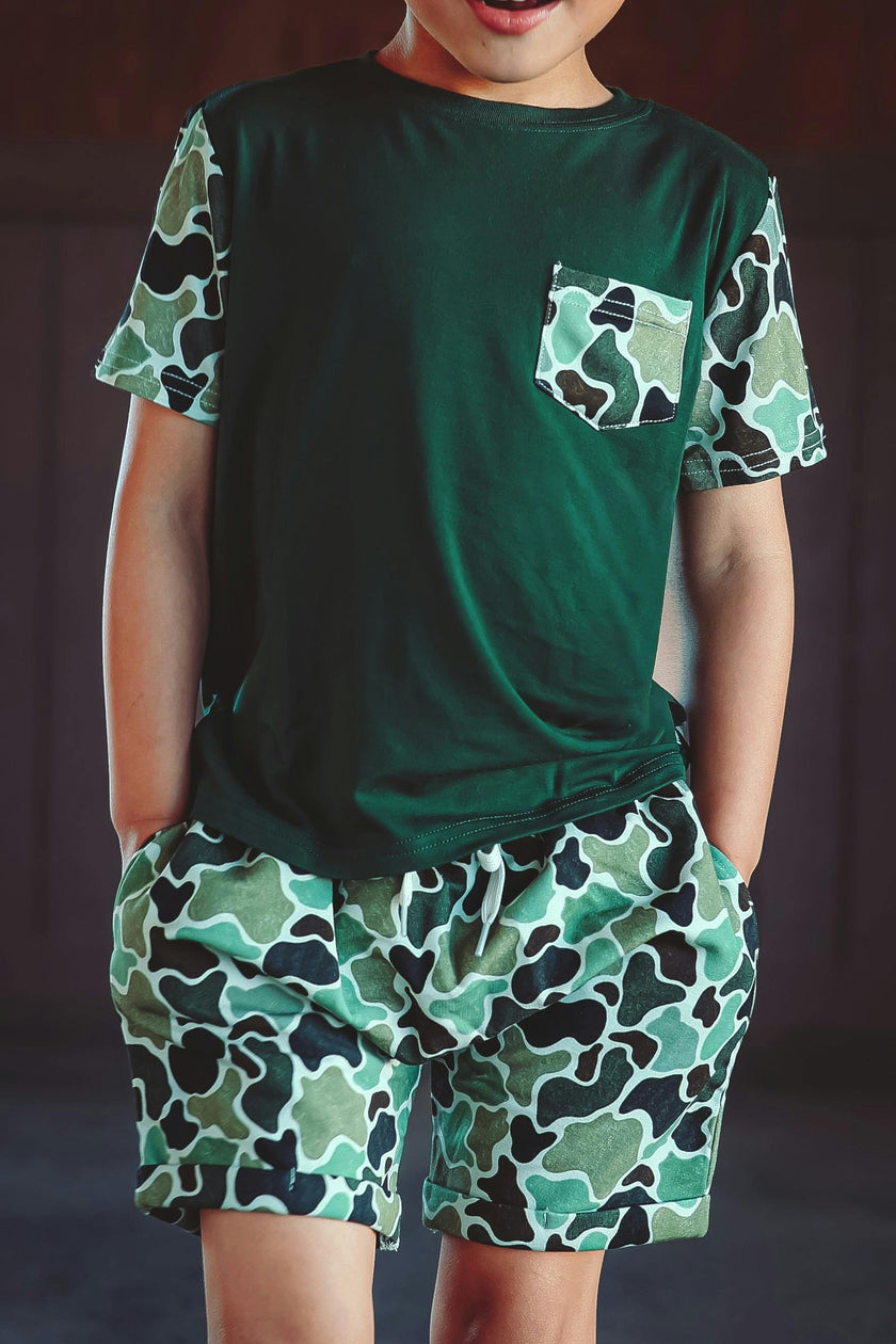Green Distressed Camo Lounge Pocket Tee & Shorts Set