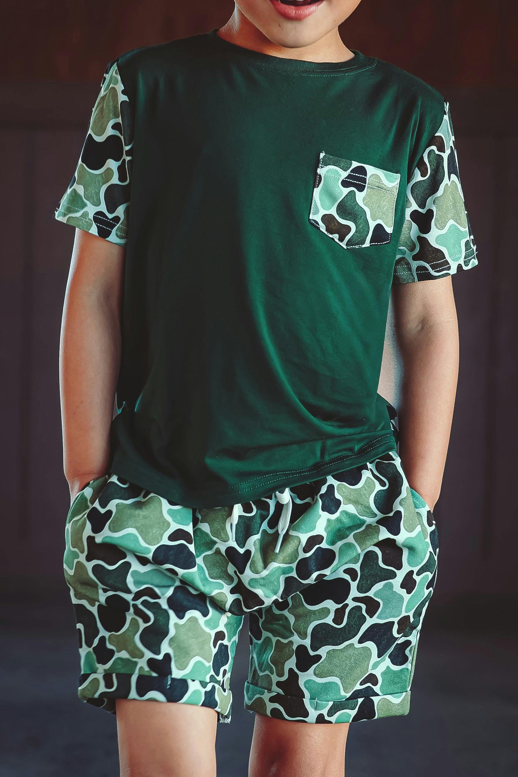 Green Distressed Camo Lounge Pocket Tee & Shorts Set