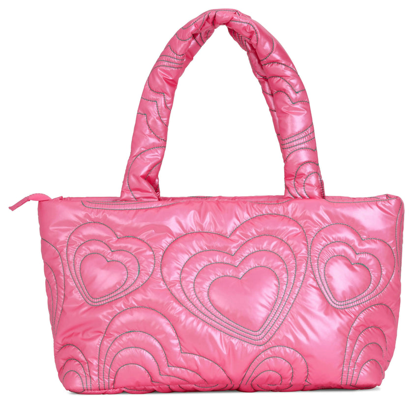Pink Shinning Heart Puffy Overnight Bag