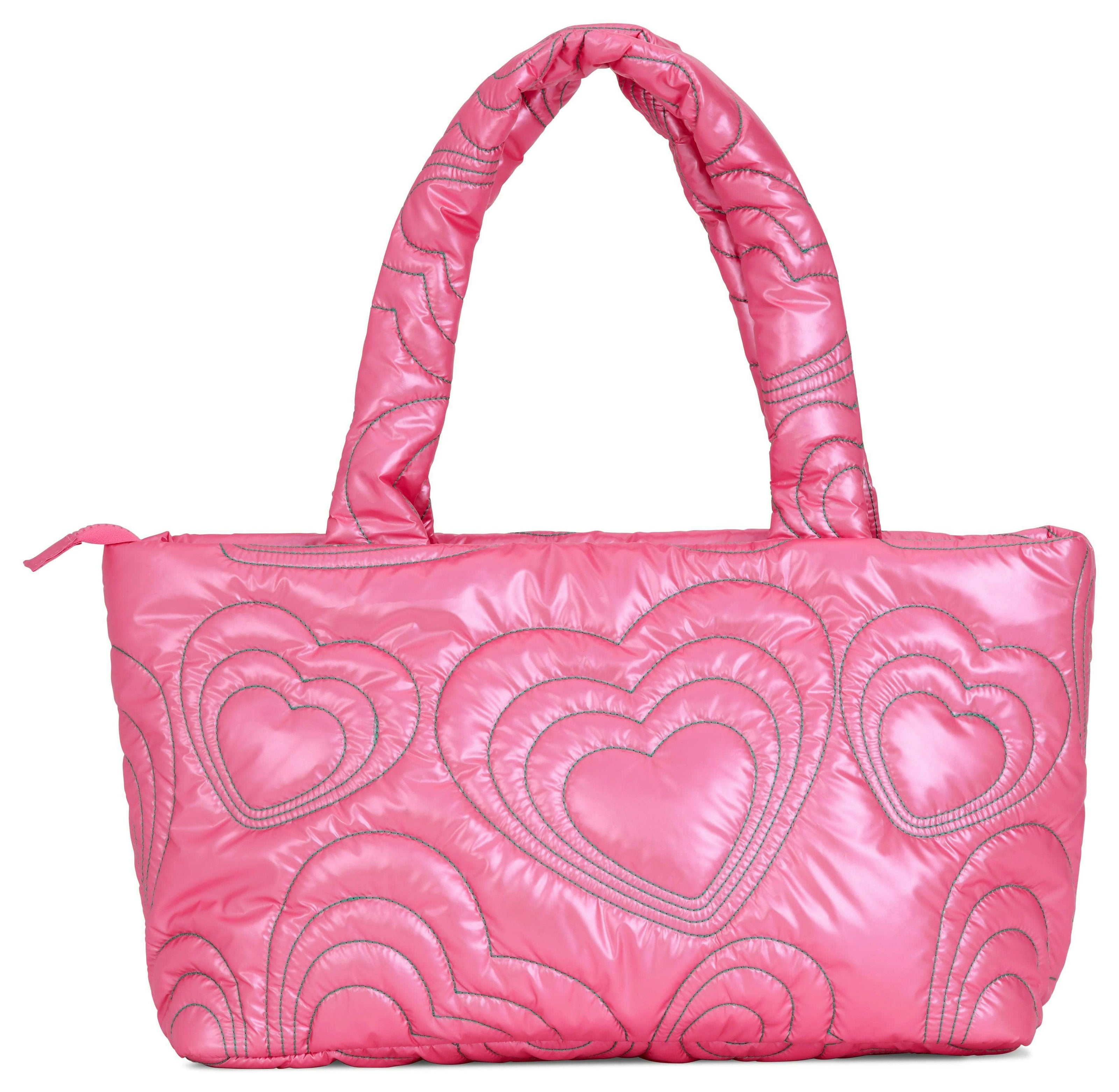 PINK SHINING HEART PUFFY OVERNIGHT BAG