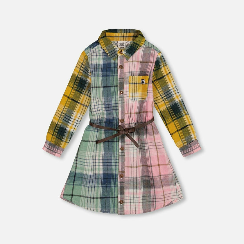 Shirt Dress with Belt Green Pink and Yellow