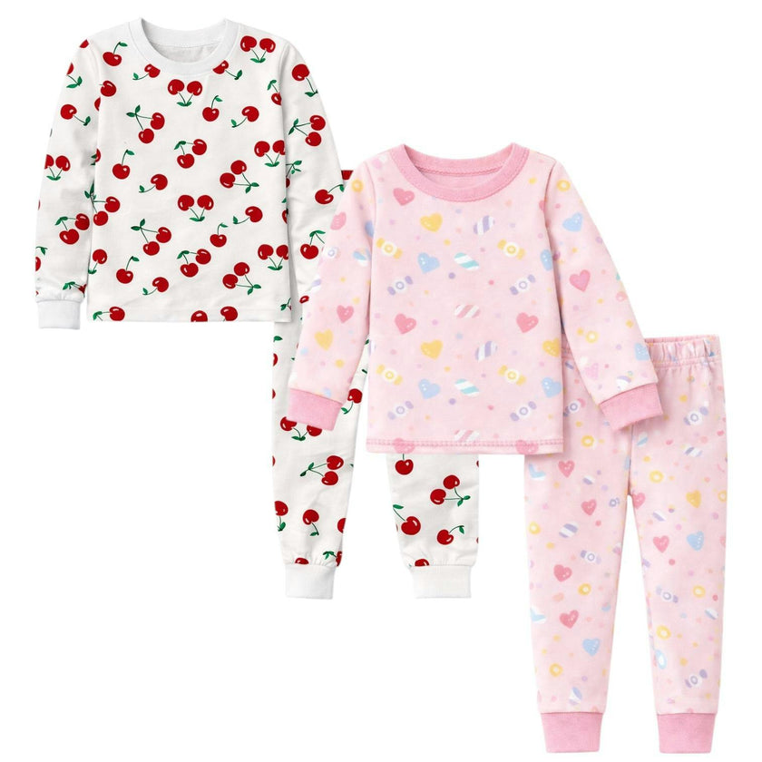 Kids and Toddlers 2 Pack Candy/Cherries Long Sleeve Snug Fitted Pajamas