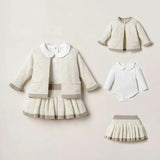 3-Piece Knit Cardigan, Bodysuit & Pleated Skirt Set